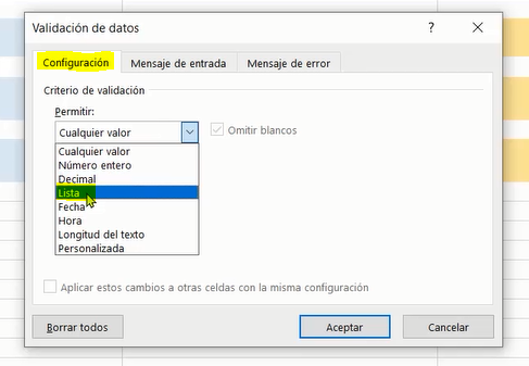 Configuracion validar datos