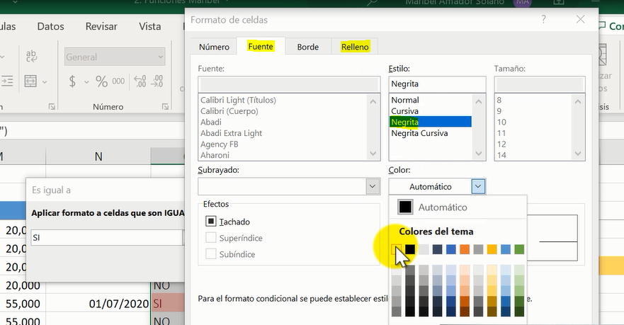fuente y relleno formato condicional