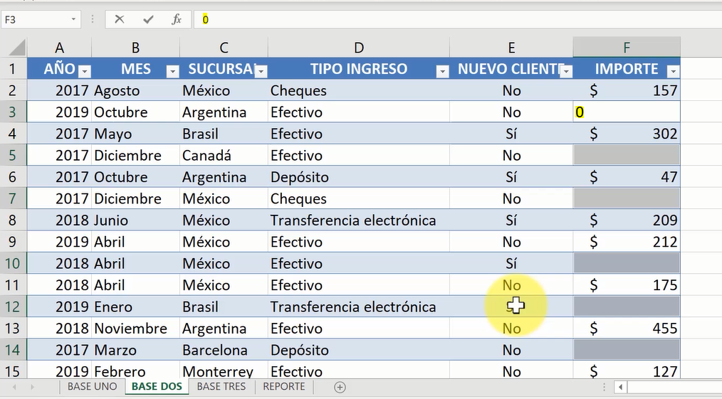 escribe en celdas vacias