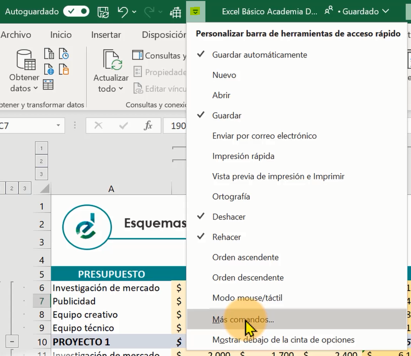 mas comandos en excel