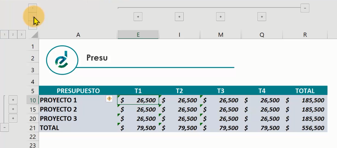 esquema presupuesto en excel